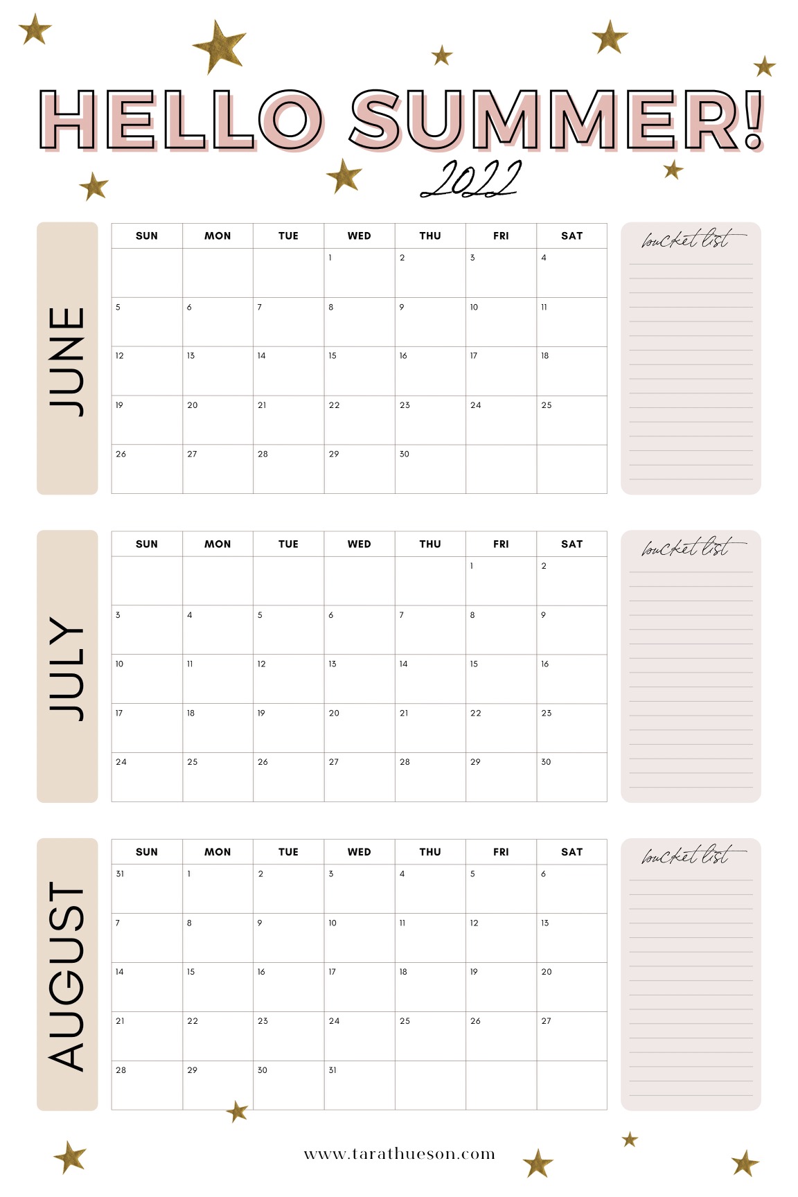 2022 Summer Calendar Free Printable Tara Thueson